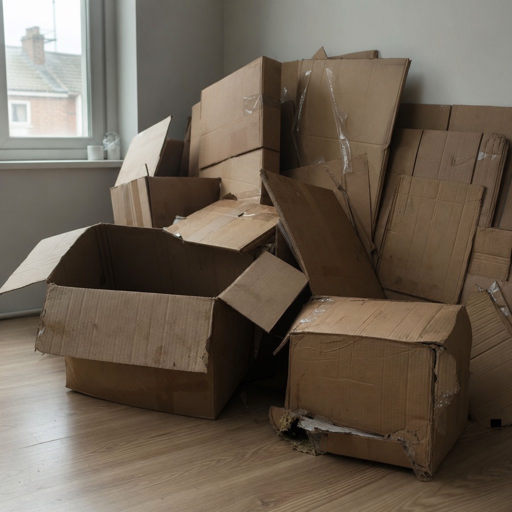 A pile of beat-up used cardboard moving boxes with split corners, torn bottoms and peeling tape.