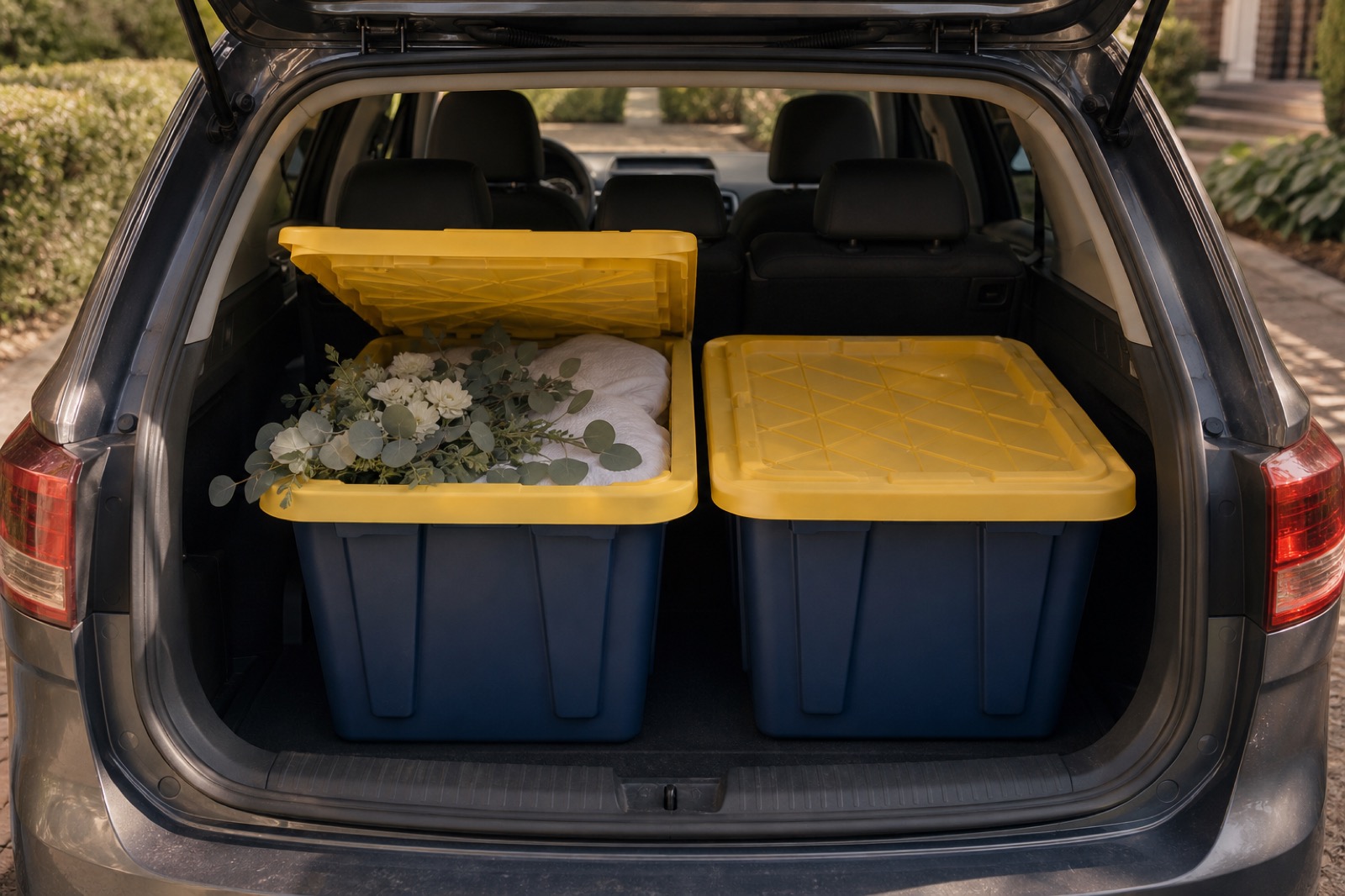 Two ReadyTote crates sitting side by side in the trunk of an ordinary family car, one open with linens and flowers inside.