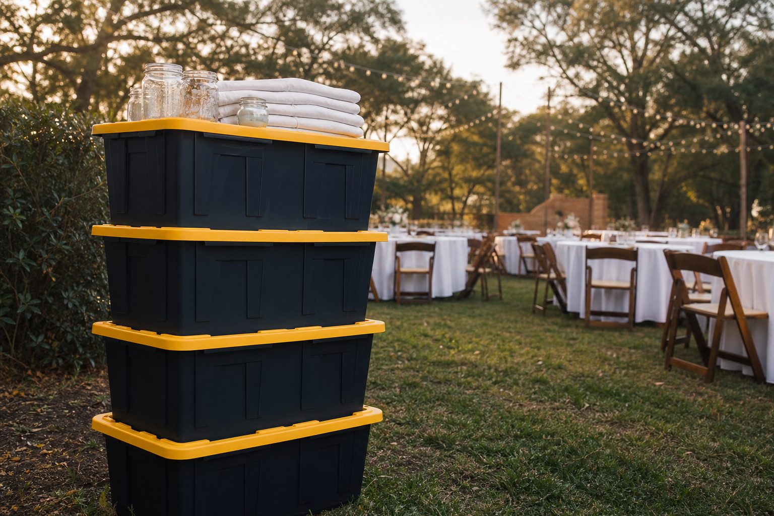 A stack of navy ReadyTote crates with yellow lids beside an outdoor wedding reception, linens and jars resting on the top lid.