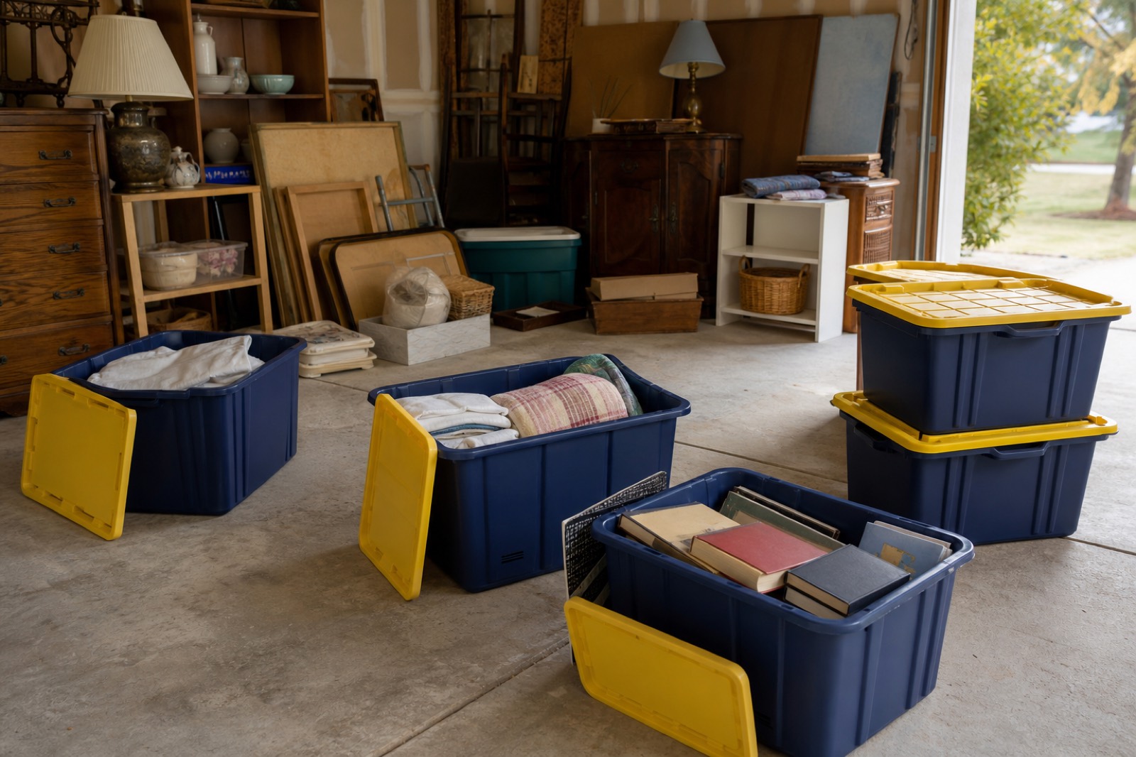Open navy ReadyTote crates on a garage floor part-filled with books and linens during an estate cleanout, sorted stacks beside them.