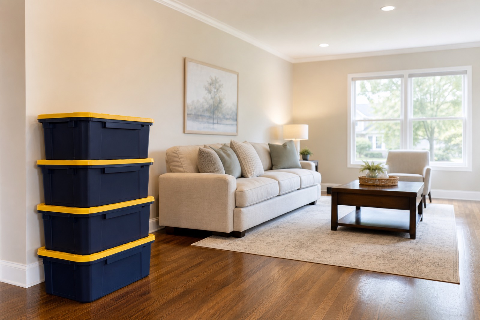 A neat stack of navy ReadyTote crates with yellow lids against the wall of a staged, decluttered living room.